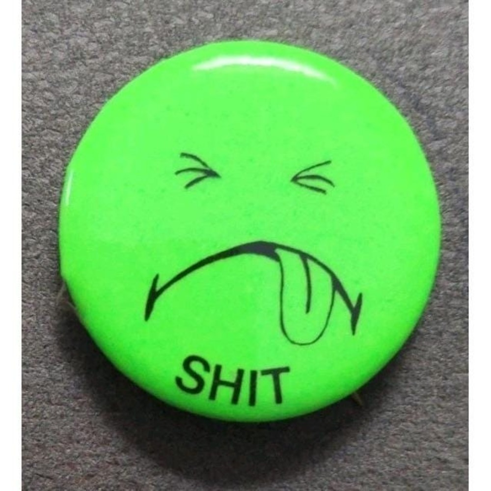 Vintage Frowny Face Counter Culture Pin Back Green Button Slater Funny Humor 70s